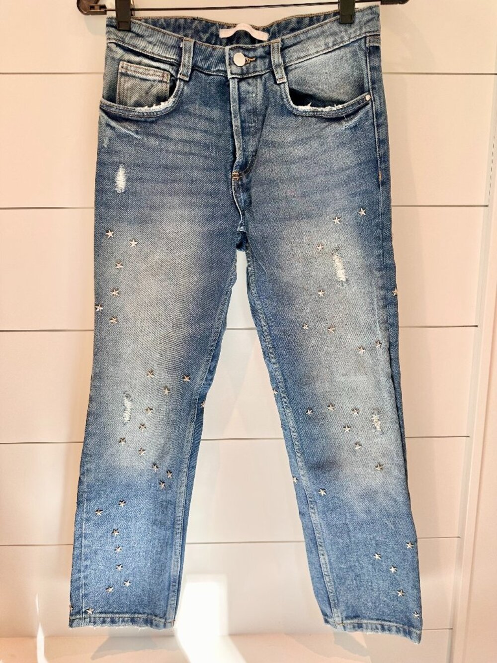 ZARA Star Studded Distressed Straight Leg Button Fly Jeans Size 4